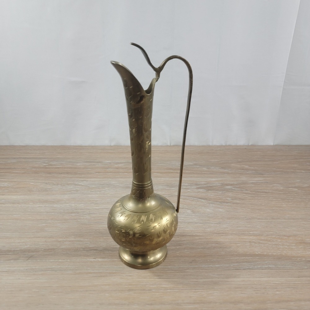 Vintage Etched Brass Pitcher Vase Ornate Floral Design Long Spout Handle